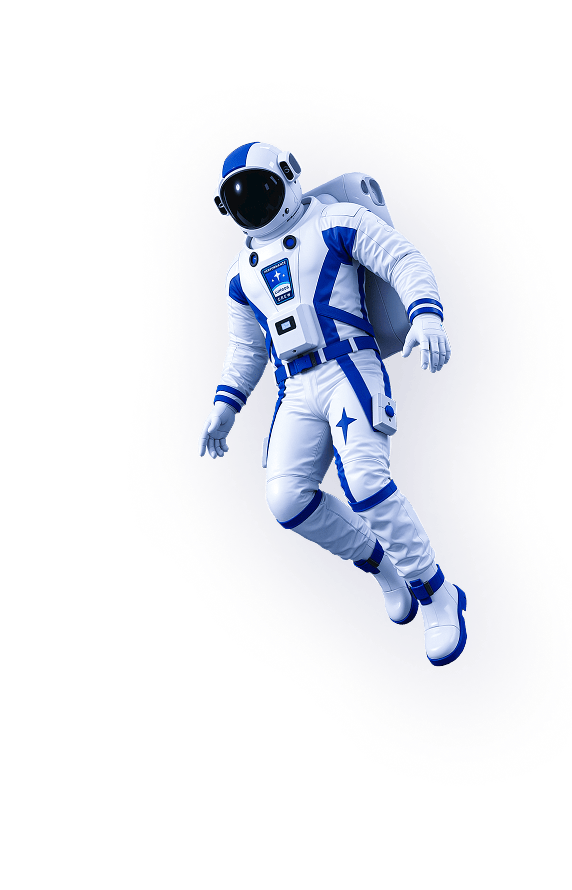 Astronaute en costume spatial blanc et bleu flottant dans l'espace.