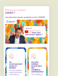 Un homme souriant parle à la caméra, avec le logo SAMM et une vidéo promotionnelle