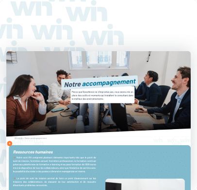 Équipe Winside travaillant sur un projet, avec un consultant expliquant des données.