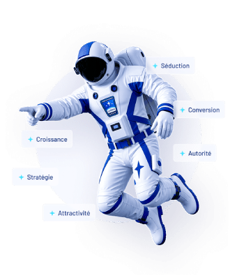 Astronaute pointant vers la croissance, la stratégie et la conversion