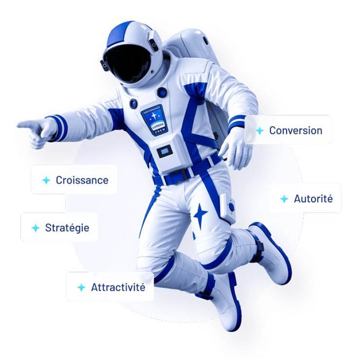 Astronaute pointant vers la croissance, la stratégie, l'attractivité, la conversion et l'autorité.